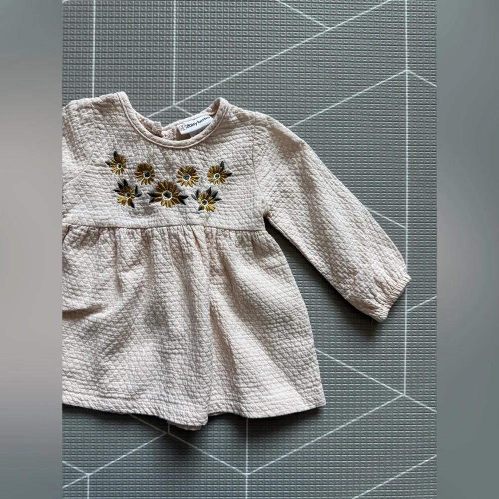Daisy Fuentes|Baby girl Cream Quilted long sleeve Dress w Sunflower Embroidery•